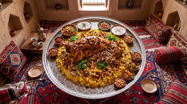 Traditional Arabic Majlis Feast with Roasted Lamb and Rice on Silver Platter