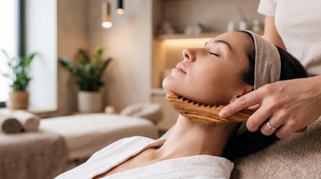 Young woman receiving wooden maderotherapy facial massage at luxury wellness spa