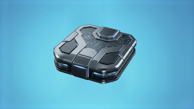 Futuristic 3D model of a high-tech hardware cryptocurrency wallet and cold storage vault. Featuring a metallic sci-fi design isolated on a clean light blue gradient background. Ideal for modern digita