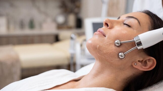 Beautiful woman receiving microcurrent facial treatment at aesthetic clinic