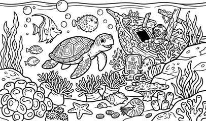 Fototapeta premium Vida marina, escena de dibujos animados, contorno dibujado a mano, ilustración de arte lineal, dibujo a mano, página para colorear para niños