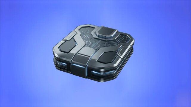 A detailed 3D rendering of a high-tech metallic sci-fi container, cybernetic hard drive, or power cell module, isolated on a solid blue chroma key backdrop. Perfect for technology reviews, science fic