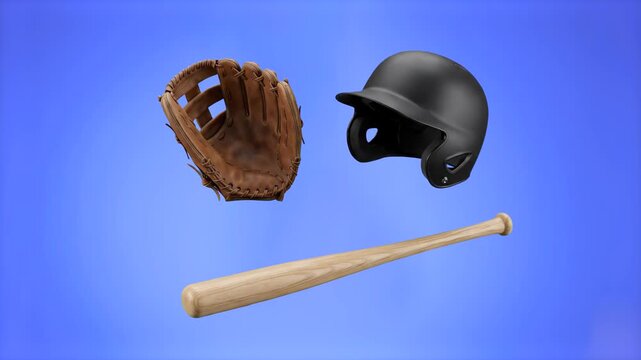 A collection of three 3D rendered baseball items: a leather glove, a black batting helmet, and a wooden bat, isolated on a solid blue background. Perfect for sports marketing, game graphics, and merch