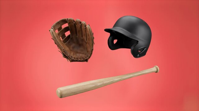 A professional set of 3D animated baseball equipment featuring a wooden bat, a brown leather catcher's mitt glove, and a matte black batting helmet floating suspended in mid-air. Placed against a soli