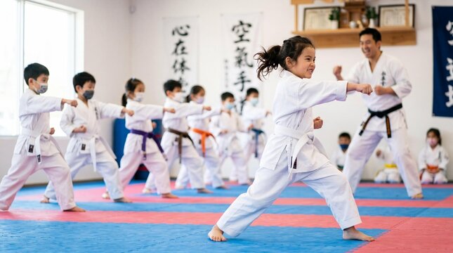 Happy Asian girl practicing karate punch during class in dojo with instructor