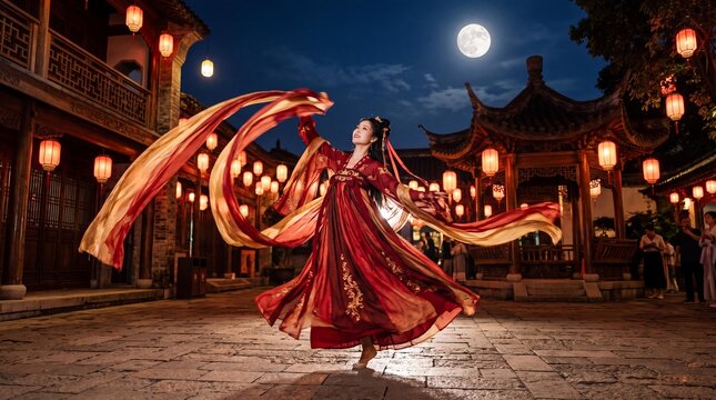 Beautiful Asian Woman in Traditional Hanfu Dancing with Ribbons at Night