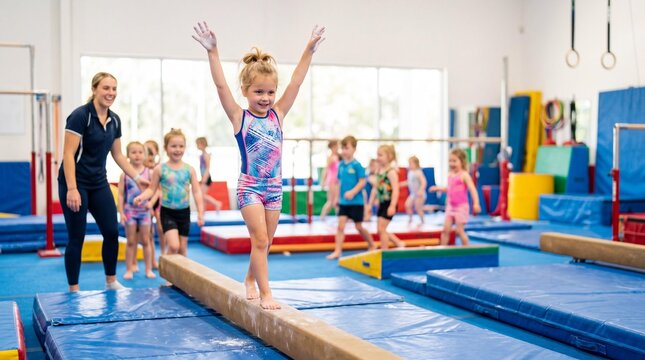 Happy Little Girl Balancing on Beam During Kids Gymnastics Class