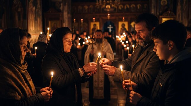 Family lighting candles during Orthodox Easter service in church