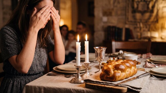 Jewish woman covering eyes blessing Shabbat candles at dinner table