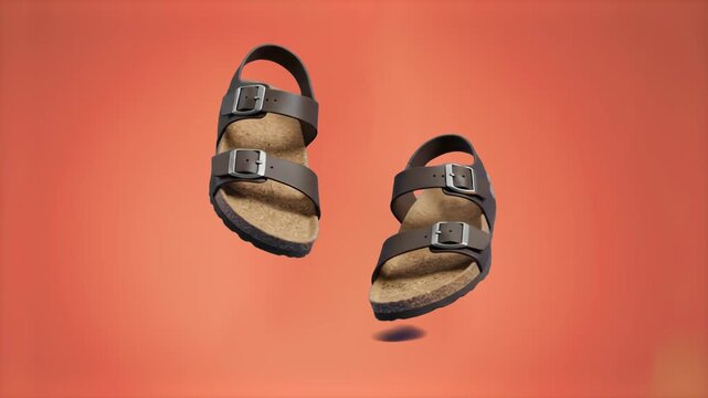 A pair of brown leather strap sandals with buckles floats in mid-air against a warm orange studio background.