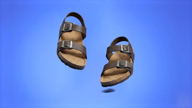 Comfortable brown leather buckle sandals levitating and walking in space against a solid blue screen backdrop. Perfect for online shoe store marketing, summer fashion visual effects, and footwear prod