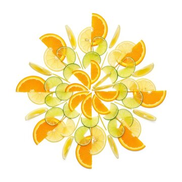 Vibrant citrus fruit slices including lemon lime and orange arranged in a precise geometric radial pattern over a clean white background, colorful, studio, segments