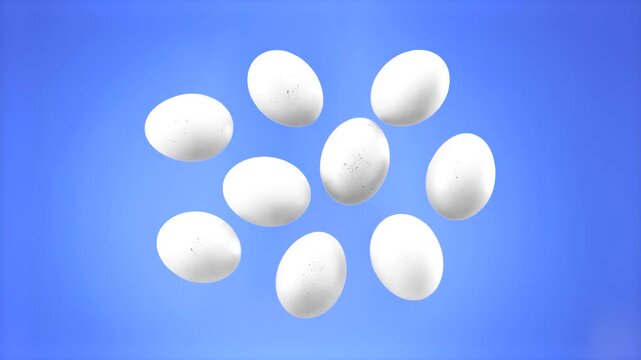 A group of raw white eggs suspended in mid-air, creating a vibrant layout for food industry promotions. Animated against a solid bright blue studio backdrop with clean lighting and realistic shell tex