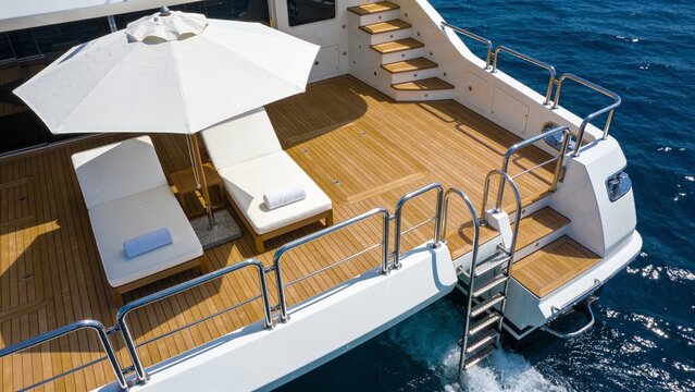 Luxury Superyacht Aft Deck with Premium Teak Flooring Sun Loungers and Crystal Blue Ocean Under Bright Sunlight