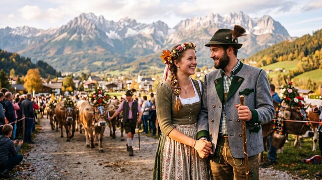 Happy Austrian Couple in Traditional Tracht at Almabtrieb Cattle Drive Festival