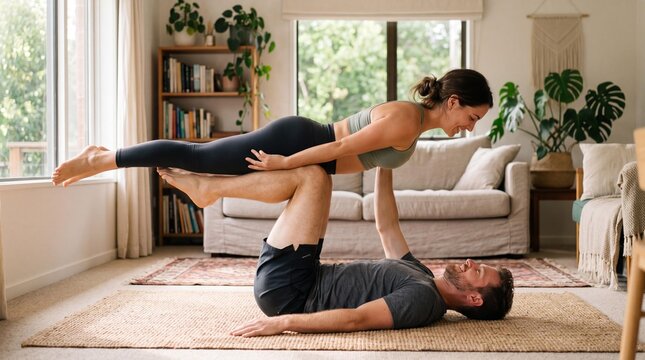 Happy couple practicing acroyoga together on a rug in their living room