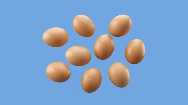 A collection of whole brown chicken eggs floats gracefully against a solid bright blue backdrop.