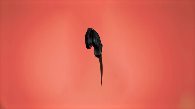 A black karambit knife with a distinctive curved blade and finger ring handle hangs against a bold red backdrop.