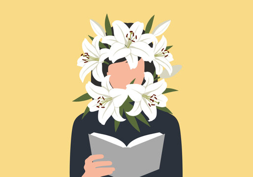 Person holding book with white lilies covering face