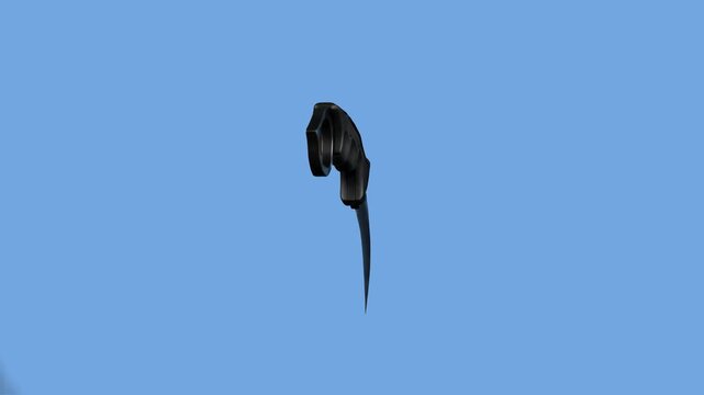 A black tactical karambit knife with a curved blade and ergonomic handle hangs vertically against a light blue background.