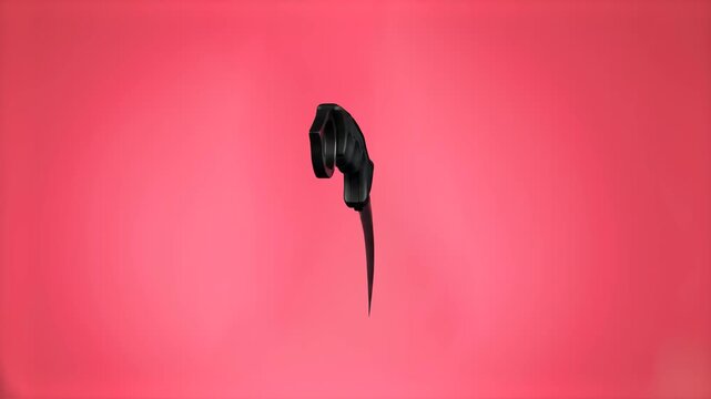A sleek black tactical karambit knife with a curved blade and ergonomic finger ring floating against a vibrant coral red studio backdrop. Designed for action video game promo trailers, tactical gear a