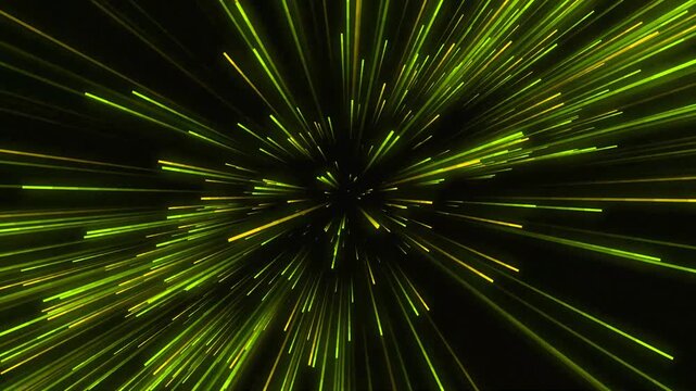 Yellow and green neon hyper jump space motion background with glowing light streaks, ideal for VJ visuals, DJ parties, and digital media.