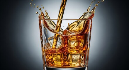 Obraz premium Golden liquid flows elegantly into a heavy crystal glass over ice cubes with a dramatic splash against a dark minimalist studio backdrop, reflection, refreshment, elegant