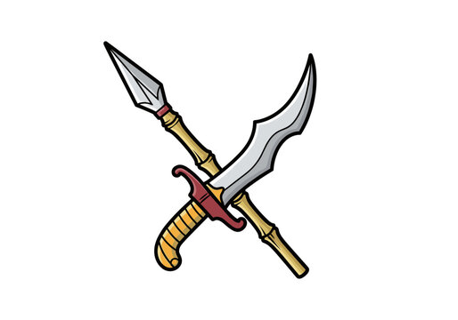 Crossed bamboo spear and curved scimitar sword