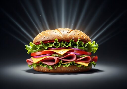 Vibrant gourmet sandwich centered in a dark studio, pierced by ethereal beams of light and glowing rays that highlight fresh food textures, concept, tasty, feast