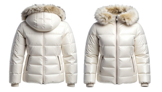 Elegant cream-colored quilted puffer jackets with luxurious fur-lined hoods, perfect for staying warm and stylish during cold winter months, presented as studio product shots