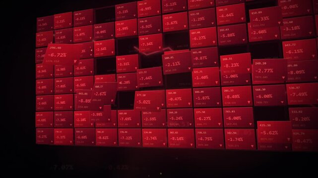 Red stock market heatmap tiles shift with negative percentages in a seamless loop