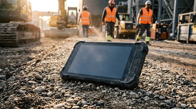 Rugged tablet device placed on construction site ground with workers
