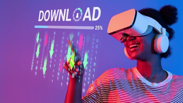 Excited woman wearing virtual reality headset with headphones pointing at download progress and binary data in vibrant colored background. Entropy.