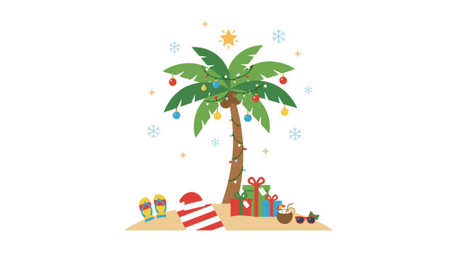 Tropical Christmas Celebration Palm Tree Decorated with Lights and Ornaments on Sandy Beach with Gifts