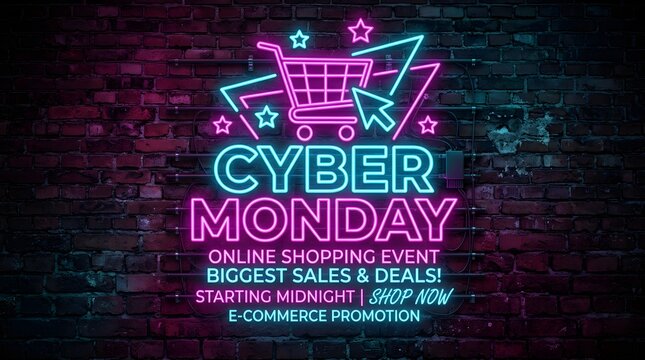 Bright neon cyber monday sign featuring a glowing shopping cart icon and digital typography displayed against a dark textured brick wall for retail marketing events