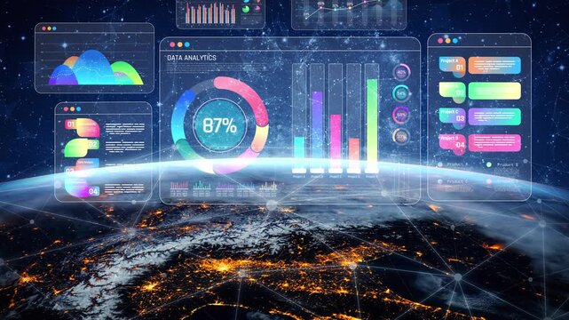 Futuristic Data Analytics Interface Over Earth at Night with Colorful Graphs and User-Friendly Visualizations for Technology and Business Backgrounds Sigmoid
