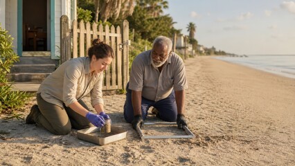 Fototapeta premium Microplastic Exposure Researchers Sample Coastal Sediment