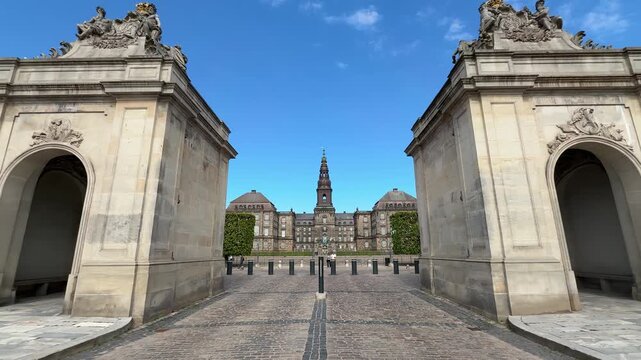Main gate entrance view of Christiansborg Palace in Copenhagen city, Denmark