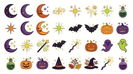Obraz premium Cute Halloween Icon Set with Pumpkins, Ghosts, Bats, Magic Potions and Mystical Moon and Stars Illustrations