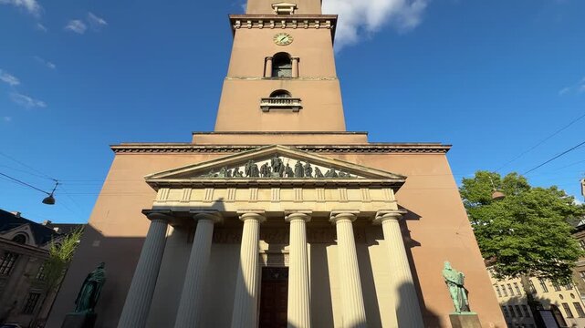 Front view of Church of Our Lady Cathedral exterior, Copenhagen city, Denmark