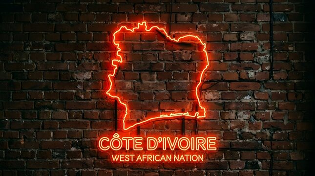 Bright orange neon sign depicting the map outline of Ivory Coast glowing against a textured dark brown brick wall in a rustic urban interior setting tonight