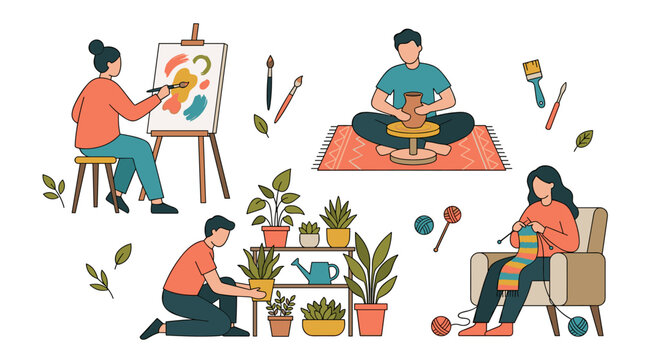 Creative hobbies people engaged in painting pottery knitting and gardening illustration