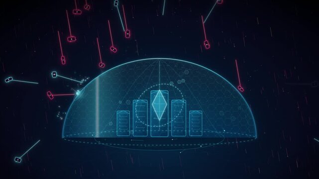 Cybersecurity dome shield deflects digital attacks around a protected server network