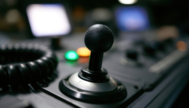 A black joystick on a control panel with illuminated buttons