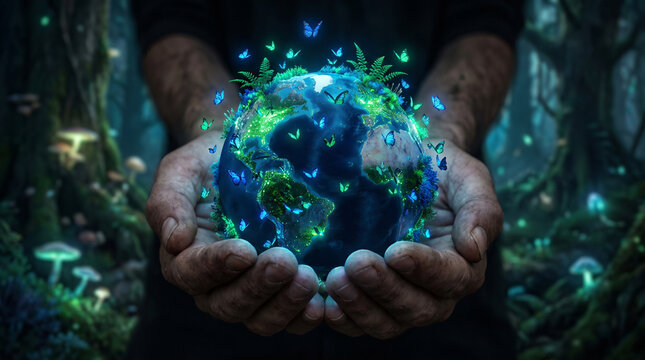 Hands holding a magically glowing miniature Earth sphere in a dark environment, featuring bioluminescent green continents and floating luminous blue butterflies.