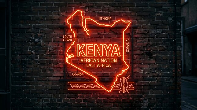Bright neon sign displaying the map of Kenya with orange glowing text and borders mounted on a dark textured rustic brick wall in an urban setting