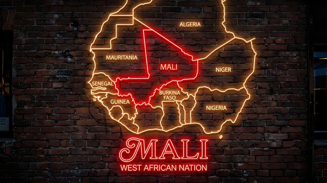 Bright neon light map display highlighting the west african nation of mali with glowing red borders on a rustic dark brown textured brick wall background surface