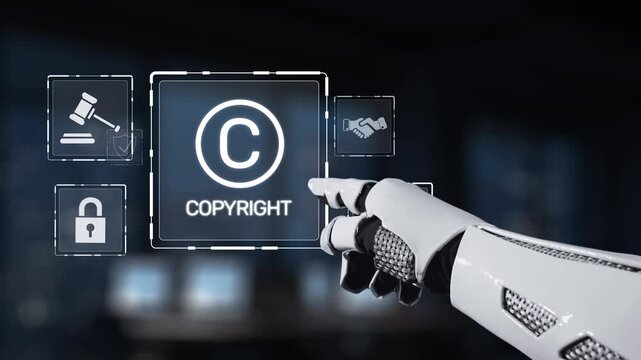 A robotic hand interacts with digital icons representing copyright and intellectual property rights, set against a modern technology backdrop that emphasizes security and innovation. Synapse