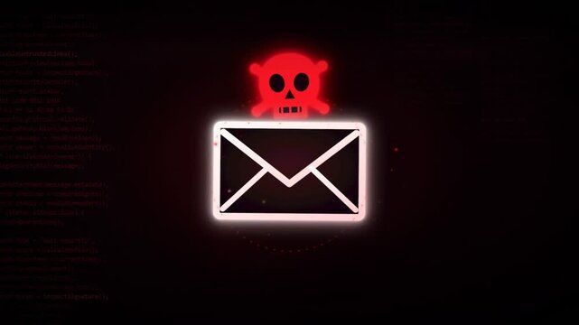 Malicious email warning flashes a red skull above a glowing envelope in seamless loop