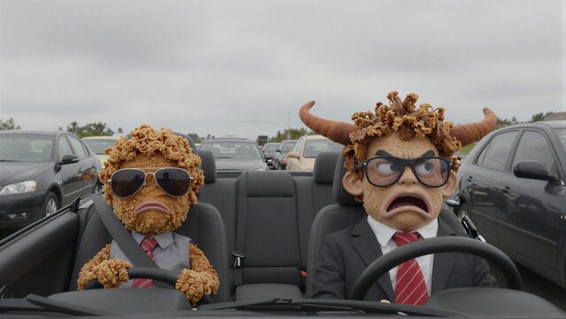 Two fried chicken puppets in sunglasses drive a car through traffic.